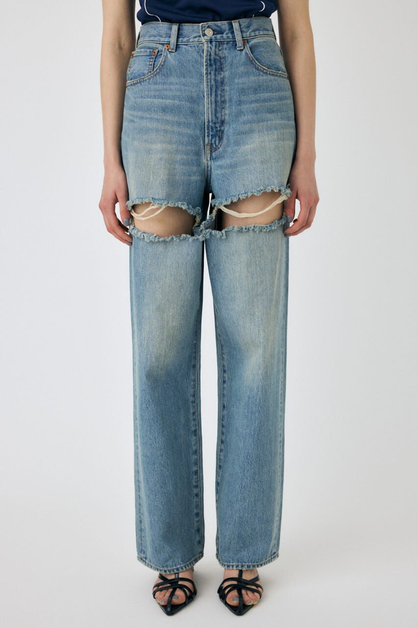 MOUSSY「CUT OUT LOOSE ストレートデニム」|デニム|L/BLU1