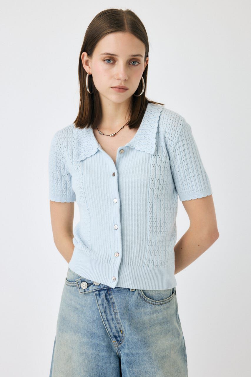 MOUSSY「POINTELLE KNIT H/S シャツ」|ニット・セーター|L/BLU1