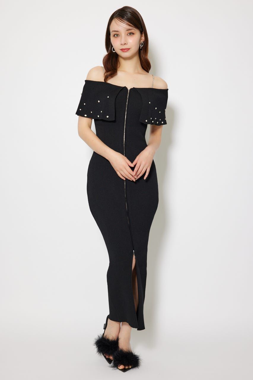 rienda「2WAYオフショルビジューカラーハーフスリーブニットワンピース」|ワンピース|BLK