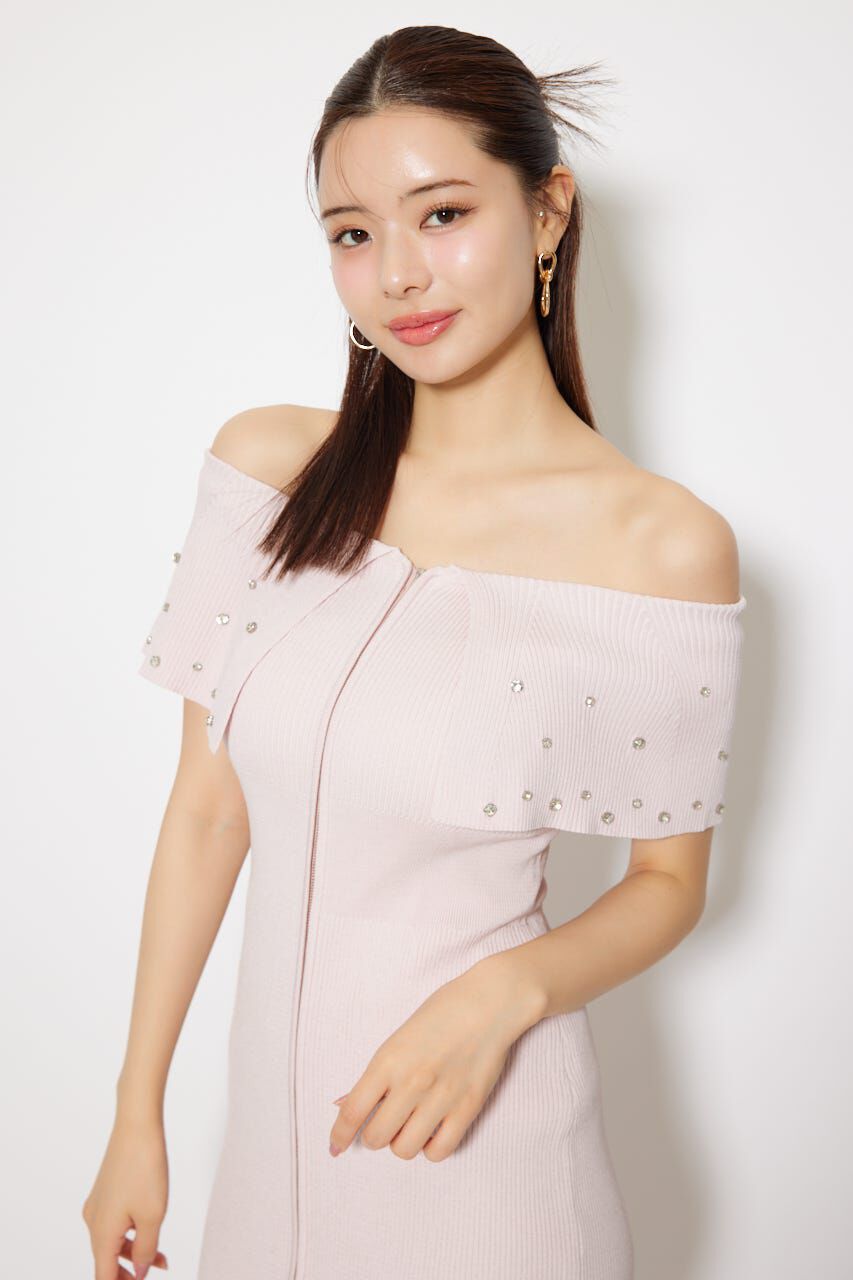 rienda「2WAYオフショルビジューカラーハーフスリーブニットワンピース」|ワンピース|