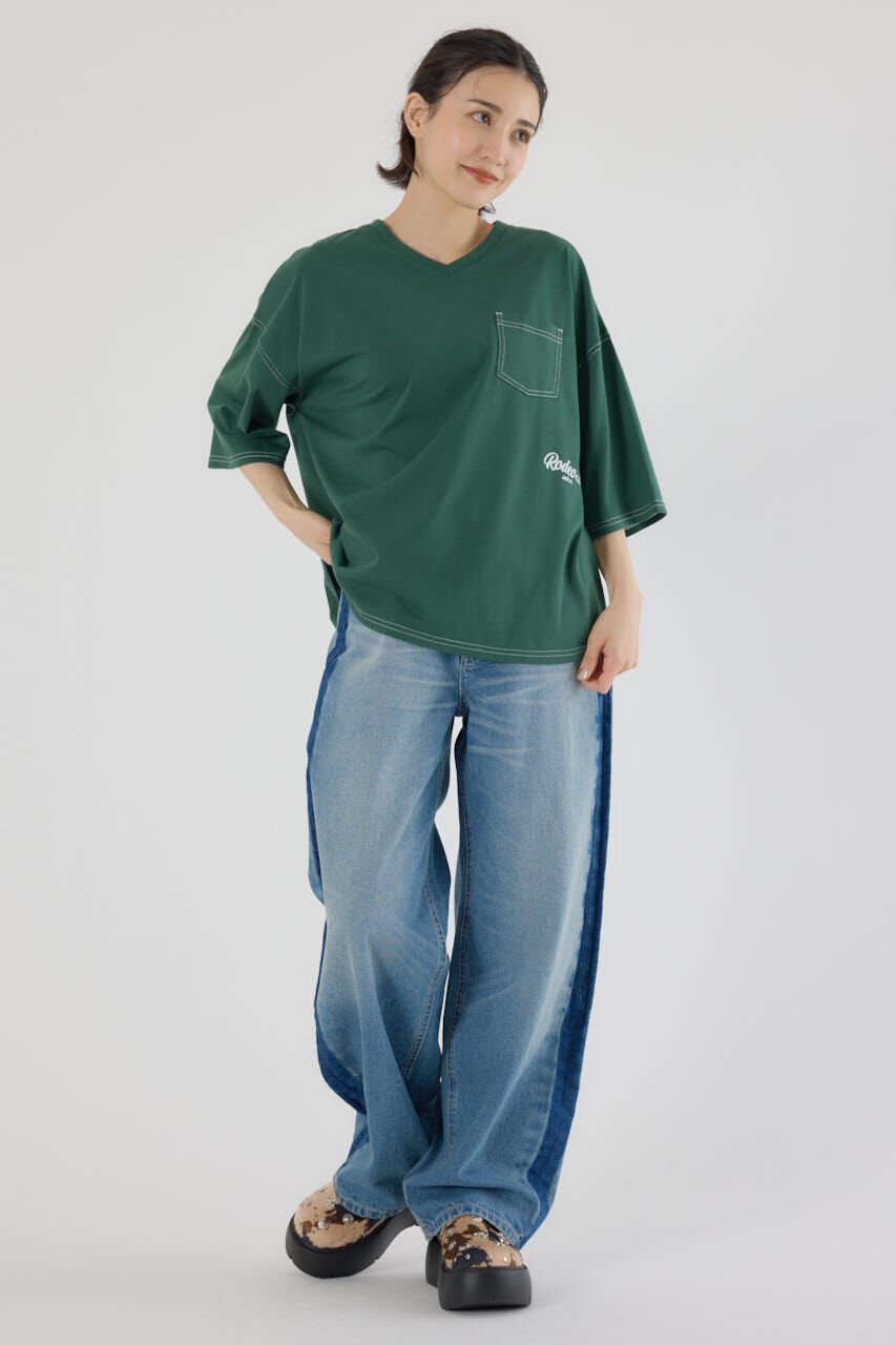 RODEO CROWNS「カラーステッチVネック5分袖Tシャツ」|Tシャツ・カットソー|