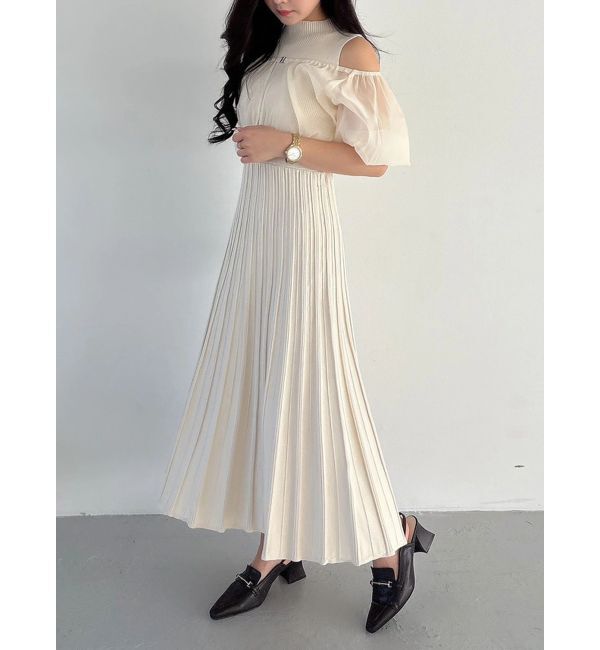 MERCURYDUO「異素材ドッキングプリーツフレアニットワンピース」|ワンピース|アイボリー