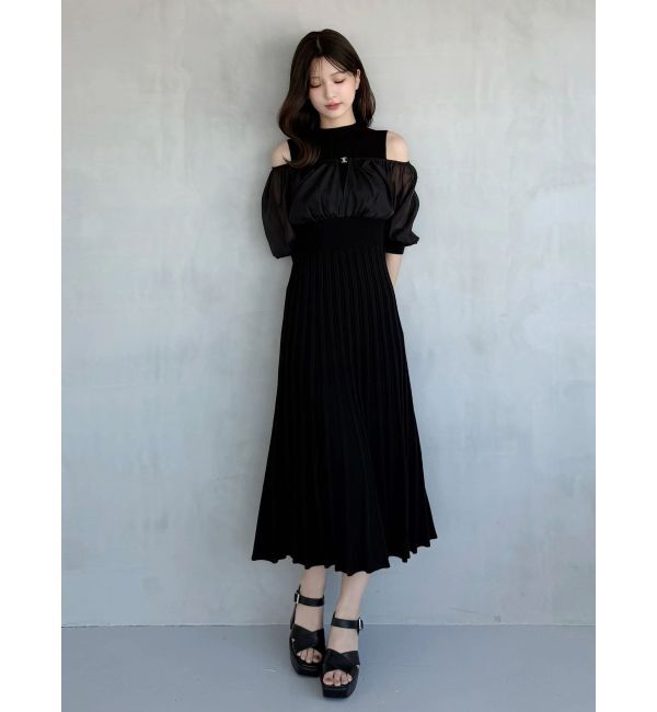 MERCURYDUO「異素材ドッキングプリーツフレアニットワンピース」|ワンピース|