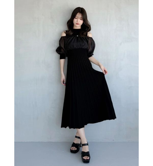 MERCURYDUO「異素材ドッキングプリーツフレアニットワンピース」|ワンピース|