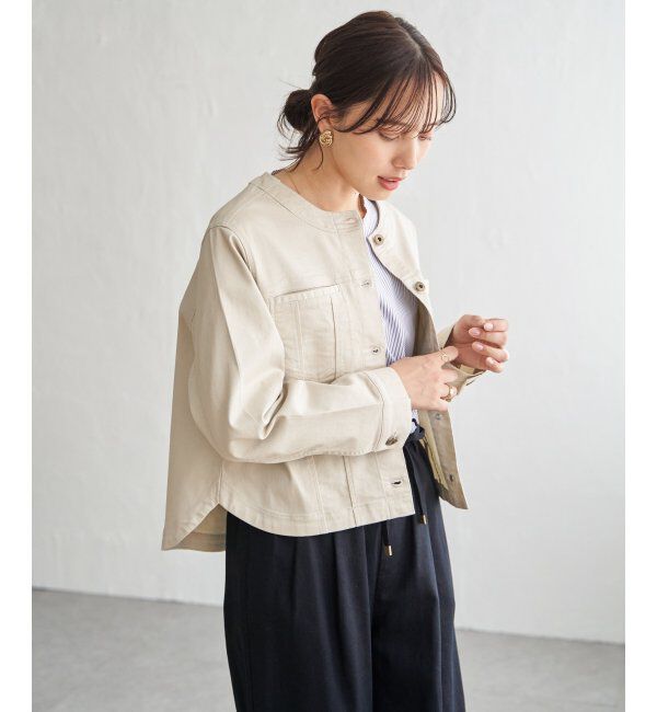 ikka「【雑誌InRed4月号掲載】ストレッチデニムノーカラーシャウター【親子コーデ】」|ノーカラーコート|