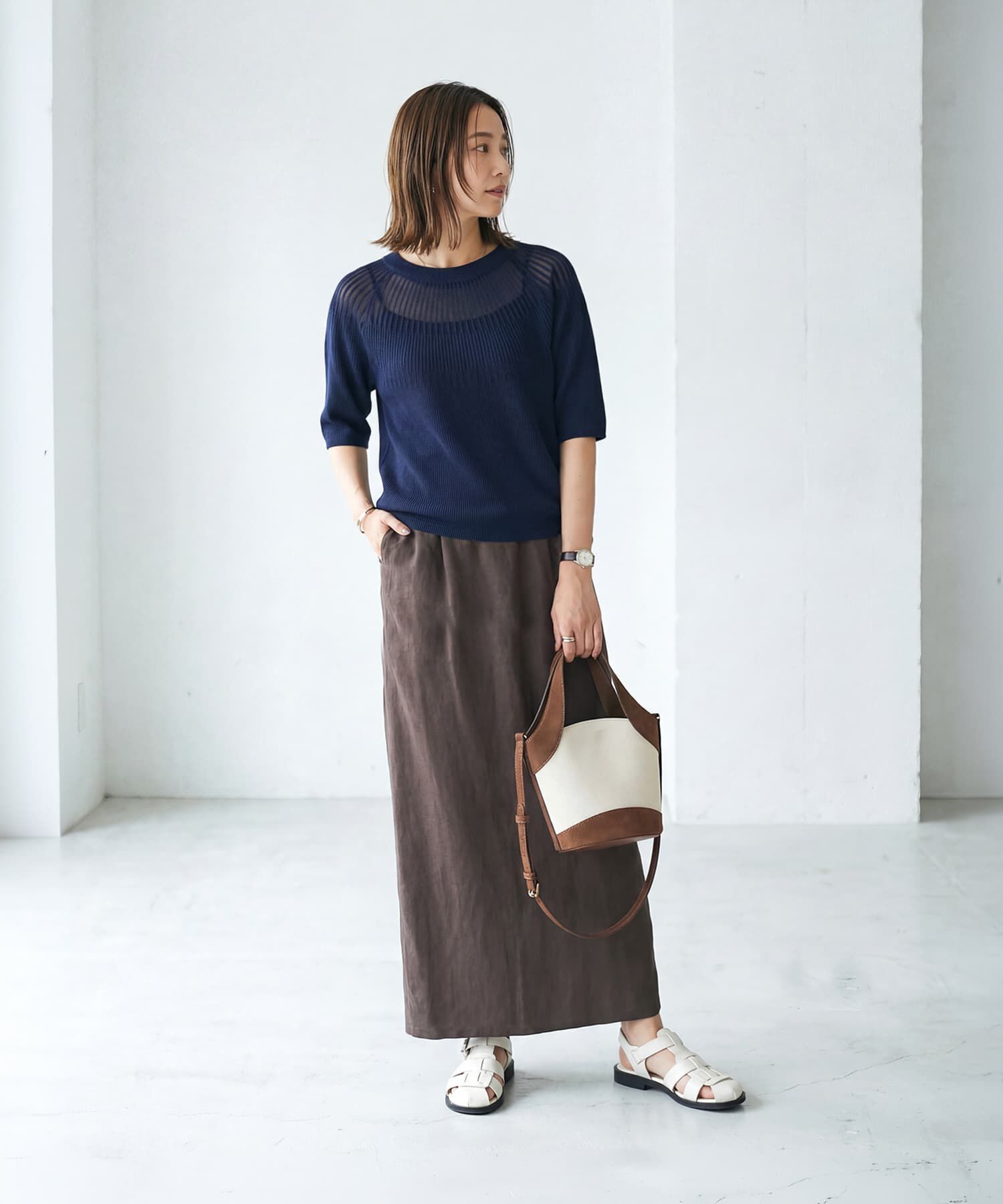 STYLE DELI「デコルテシアー５分袖シャリ感ニットトップス」|ニット・セーター|