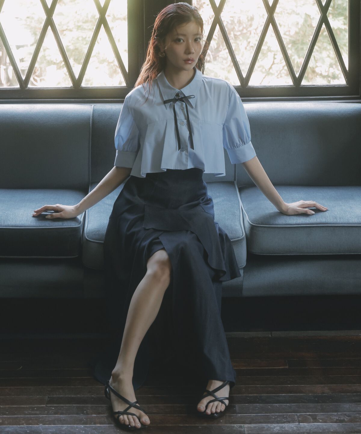 アンドクチュール「デニムライクレイヤードフリルスカート」|フレア|