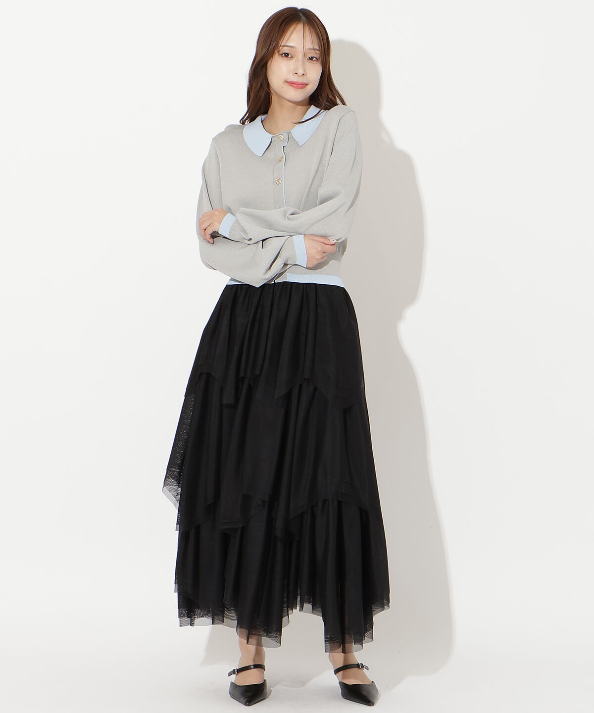 アンドクチュール「チュールティアードスカート」|フレア|ブラック