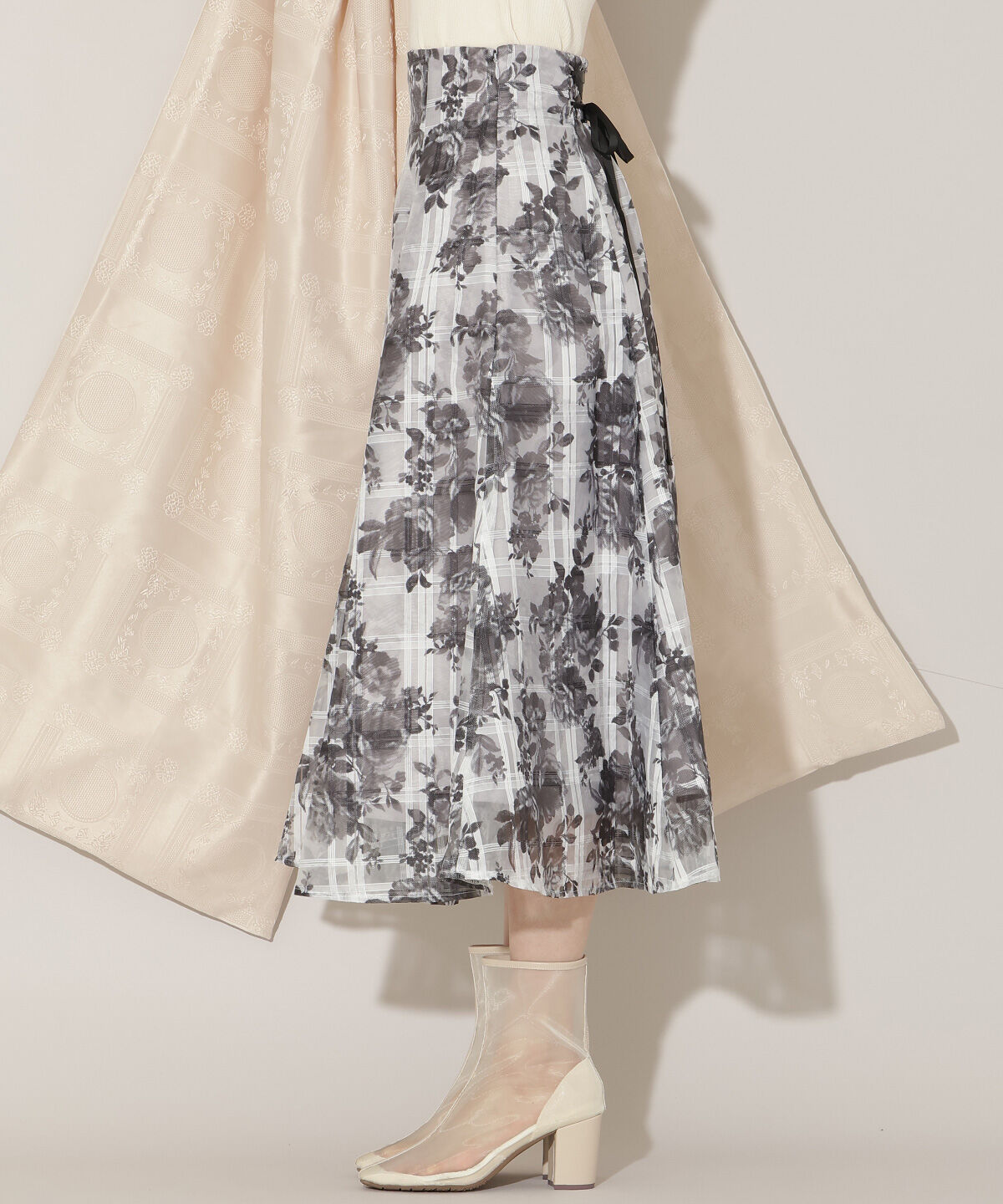 WILLSELECTION「モノトーンフラワーオーガンジーフレアスカート」|フレア|