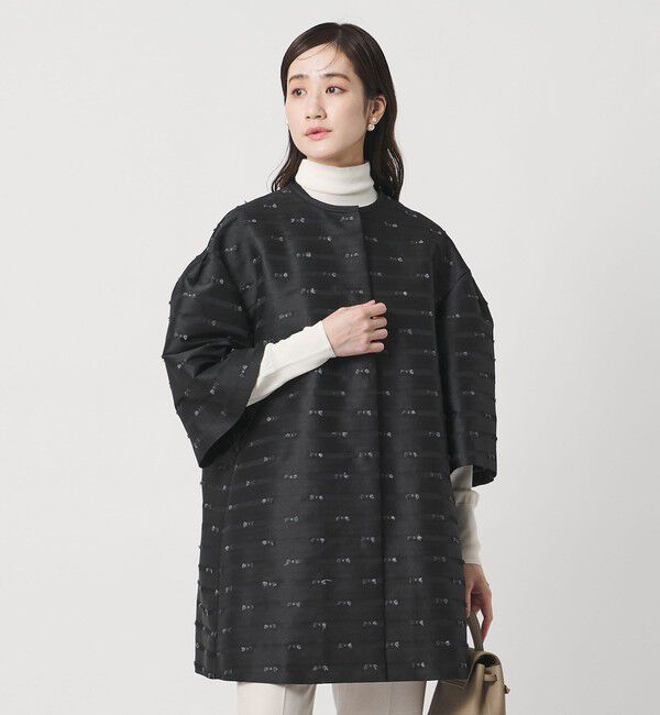 UNITED ARROWS「リボン カットジャガード コート」|ノーカラージャケット|BLACK