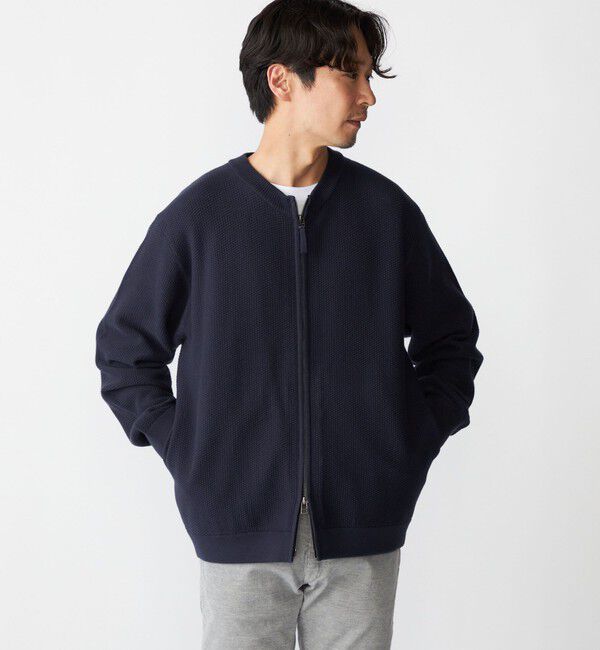 SHIPS「SHIPS:〈洗濯機可能〉SOLOTEX(R) コットン ピケ クルーネック ジップ カーディガン」|カーディガン|ネイビー