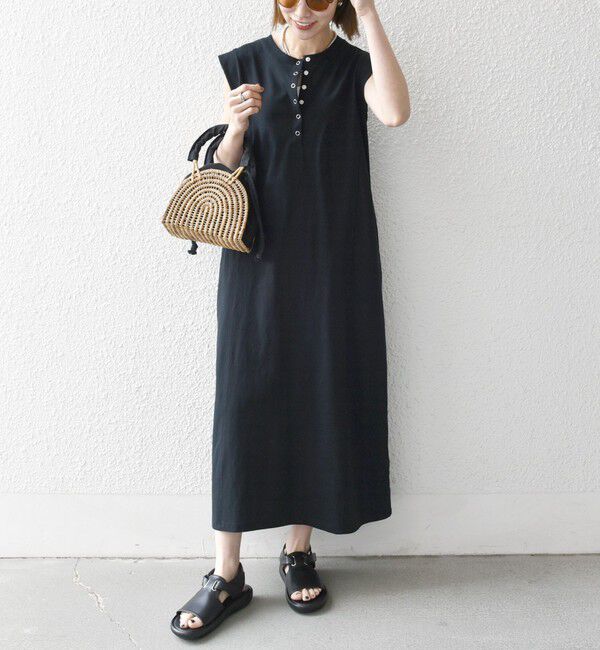 SHIPS any「SHIPS any:〈洗濯機可能〉USAコットン ヘンリーネック Aライン ワンピース」|ワンピース|ブラック