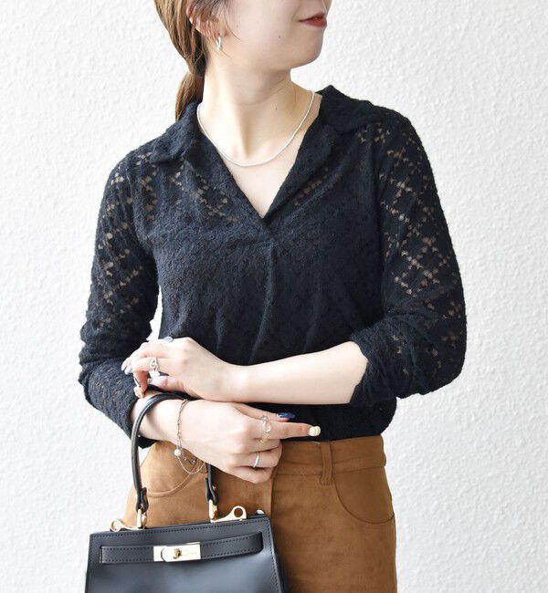 SHIPS any「SHIPS any:〈手洗い可能〉起毛 レース 開襟 スキッパー プルオーバー」|Tシャツ・カットソー|ブラック