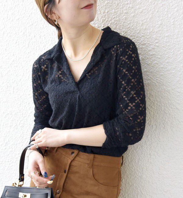 SHIPS any「SHIPS any:〈手洗い可能〉起毛 レース 開襟 スキッパー プルオーバー」|Tシャツ・カットソー|