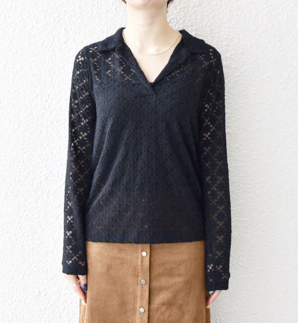 SHIPS any「SHIPS any:〈手洗い可能〉起毛 レース 開襟 スキッパー プルオーバー」|Tシャツ・カットソー|