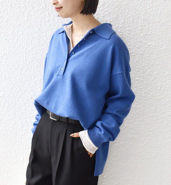 SHIPS for women「【WEB限定】〈手洗い可能〉サイド スリット ゴールド 釦 ポロ ニット」|ニット・セーター|ブルー