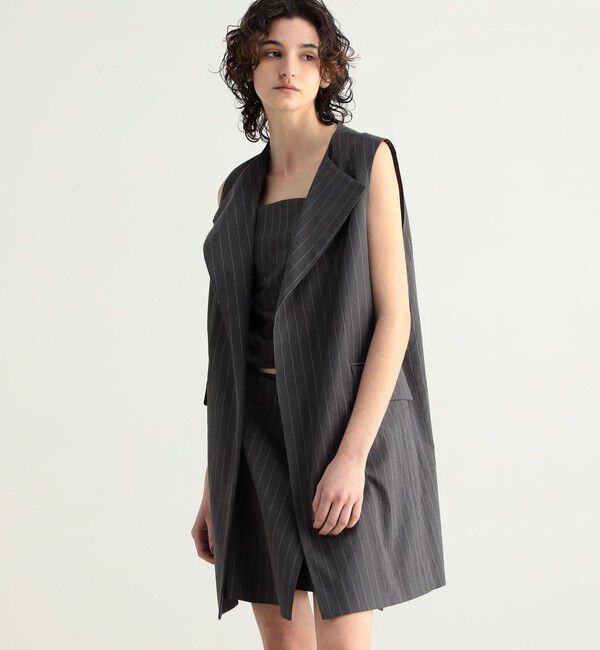 BACCA「リネンコットンストライプ ノーカラーベスト」|ノーカラージャケット|