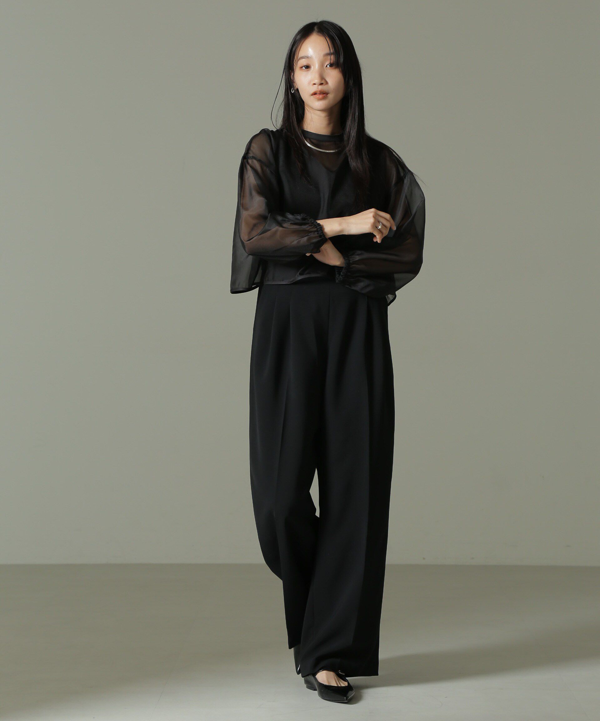 nano･universe「オーガンジーボレロ＆オールインワンセットパンツ」|ワンピース|ブラック