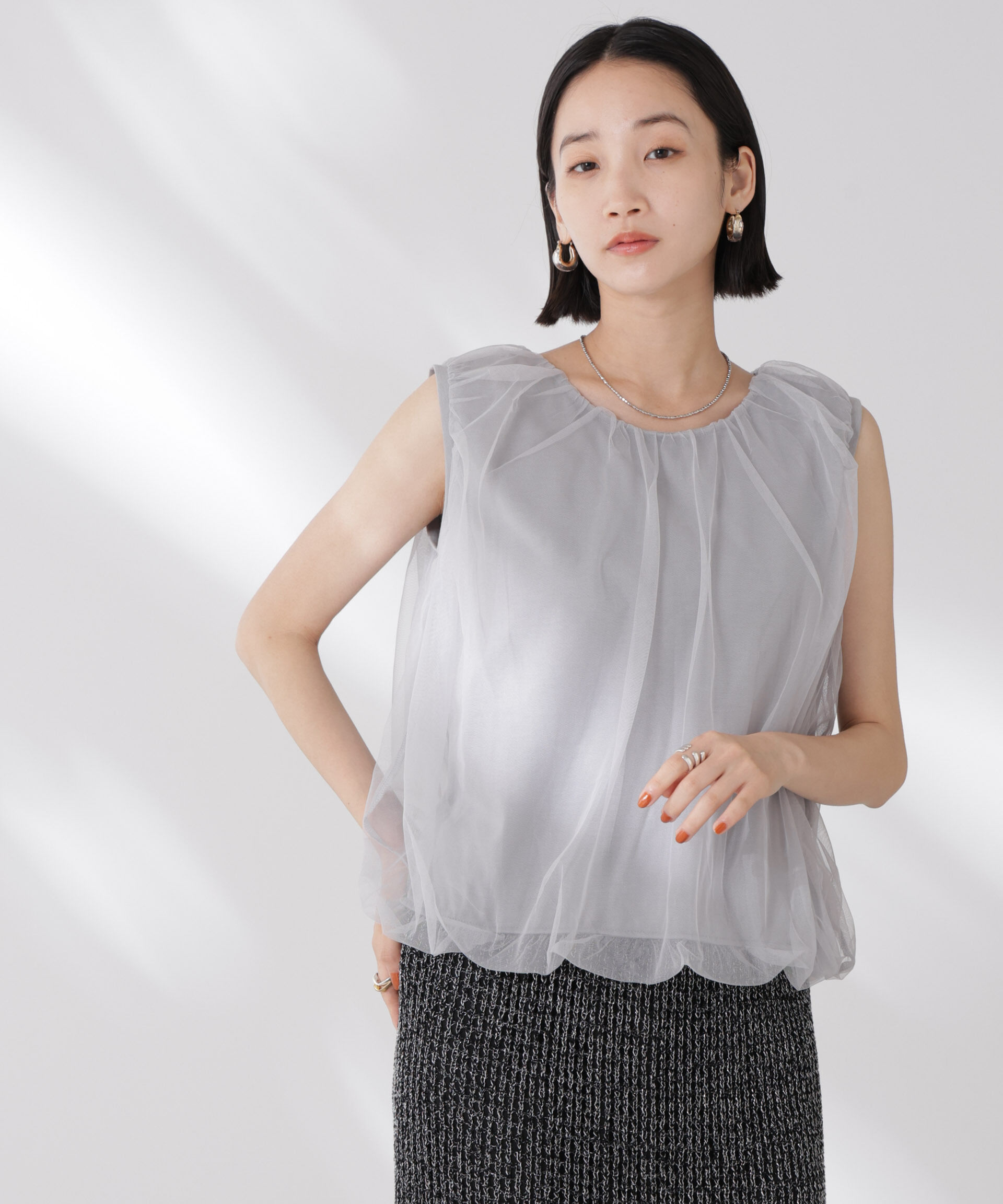 nano･universe「チュールレイヤードコクーンシルエットトップス」|Tシャツ・カットソー|グレー