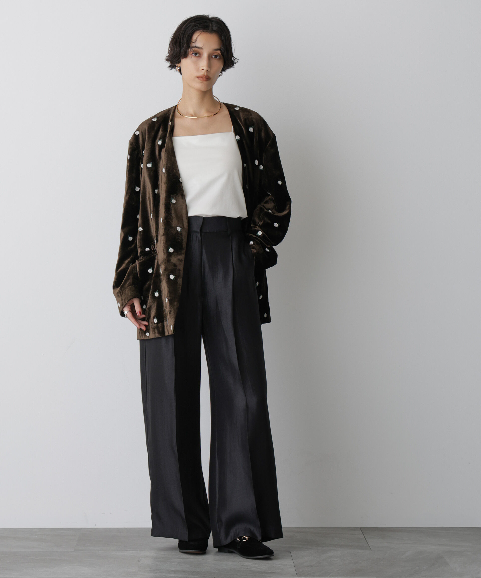 nano･universe「「STEVELOUR」サテンタックワイドパンツ(セットアップ可)」|チノ|