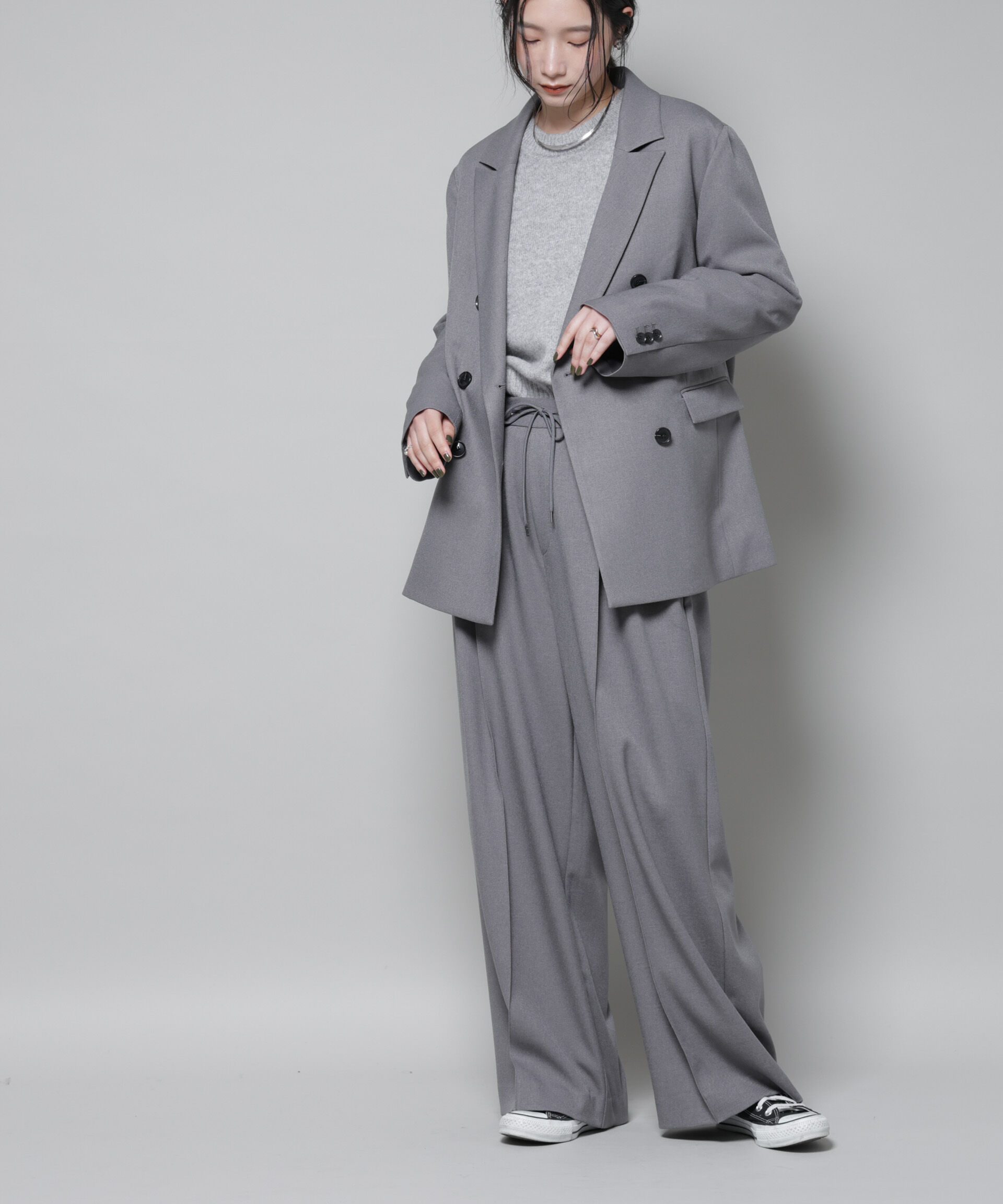 nano･universe「ストレッチサージピンタックイージーワイドパンツ(セットアップ可)」|チノ|