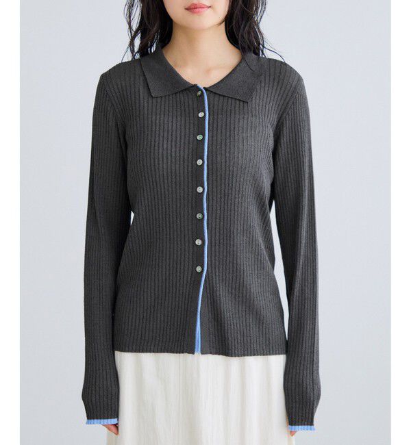 VIS「ポロ襟配色シアーリブカーディガン/イージーケア」|カーディガン|