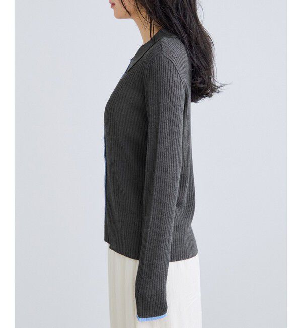 VIS「ポロ襟配色シアーリブカーディガン/イージーケア」|カーディガン|