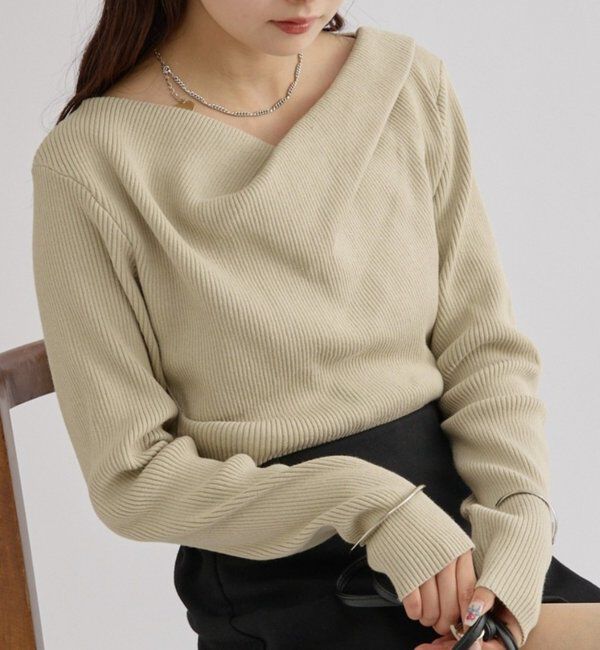  「オフショルリブニット」|ニット・セーター|ベージュ