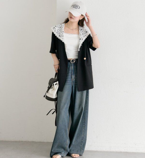  「レース付け襟半袖ジャケット」|テーラードジャケット|