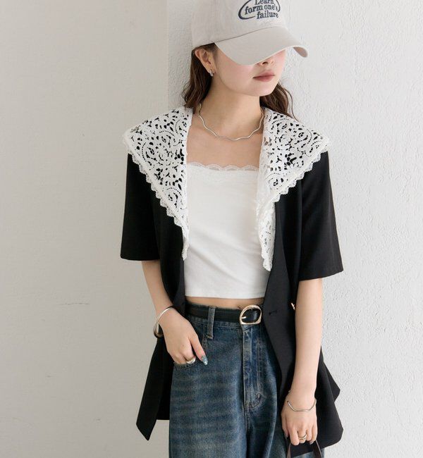  「レース付け襟半袖ジャケット」|テーラードジャケット|