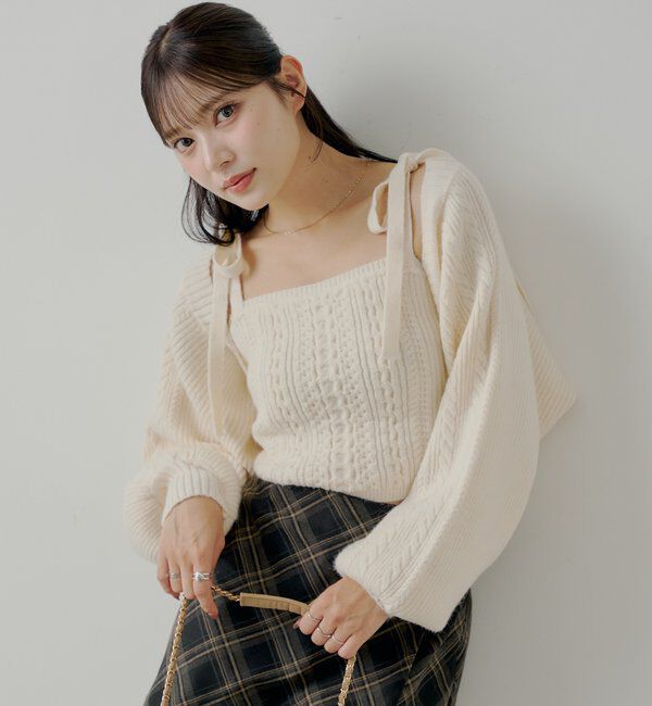  「ケーブルリボンキャミ+ボレロセット」|ニット・セーター|