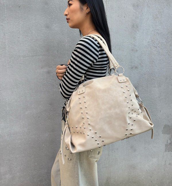  「スタッズフェイクレザーボストンバッグ」|ボストンバッグ|