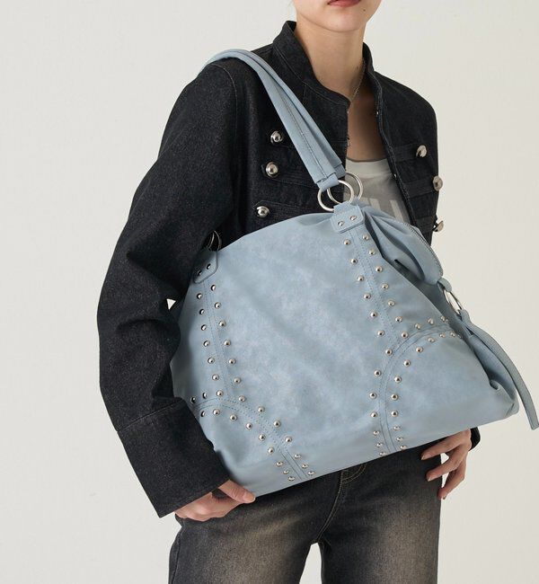  「スタッズフェイクレザーボストンバッグ」|ボストンバッグ|サックスブルー