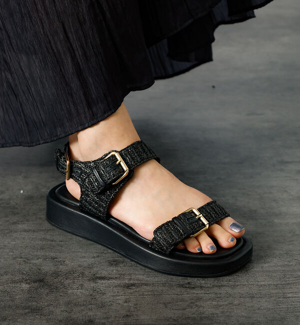 Rouge vif「【PAOLO BOVE / パオロ ボーヴ】ラフィアベルトサンダル / 厚底サン」|サンダル|ブラック