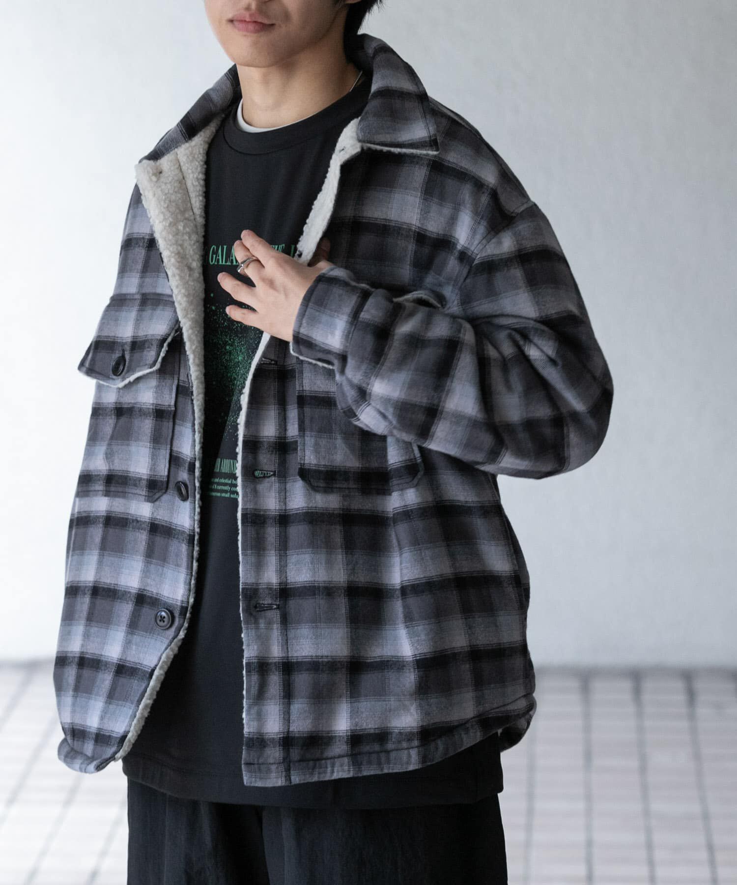 SENSE OF PLACE by URBAN RESEARCH「オンブレーチェックボアジャケット」|ノーカラーコート|