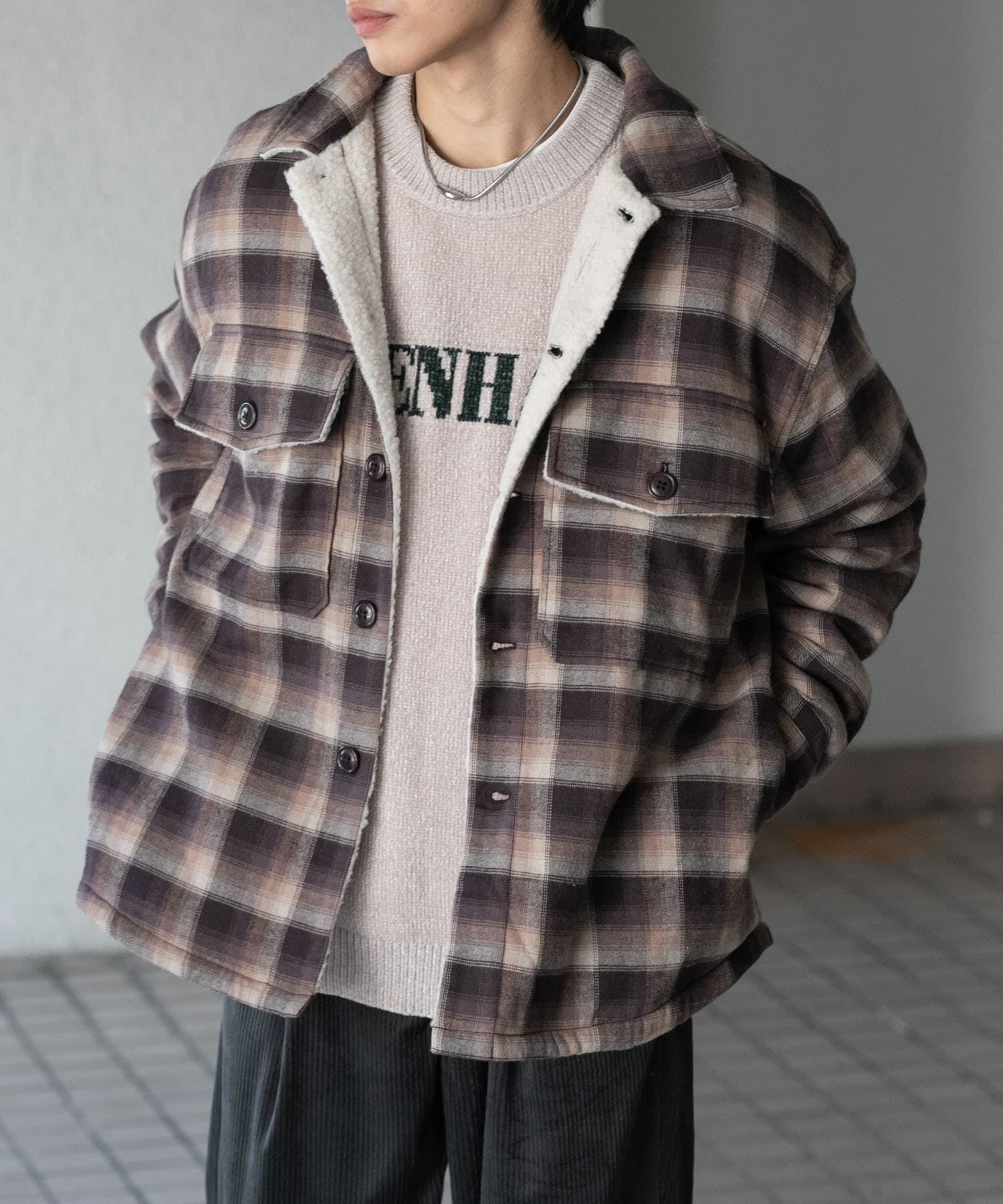 SENSE OF PLACE by URBAN RESEARCH「オンブレーチェックボアジャケット」|ノーカラーコート|ブラウン
