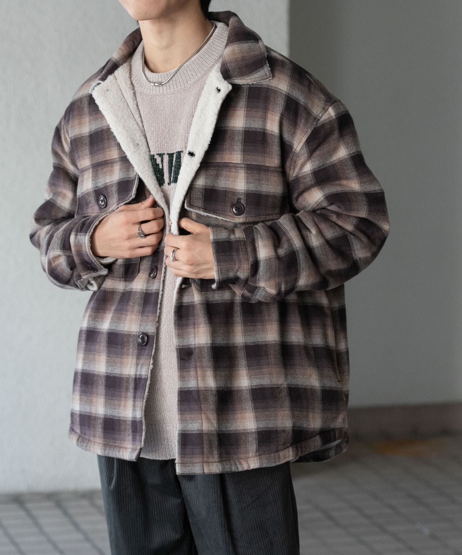 SENSE OF PLACE by URBAN RESEARCH「オンブレーチェックボアジャケット」|ノーカラーコート|