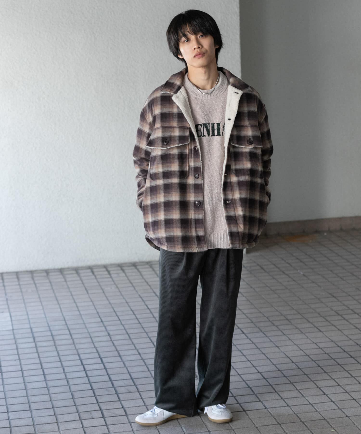 SENSE OF PLACE by URBAN RESEARCH「オンブレーチェックボアジャケット」|ノーカラーコート|