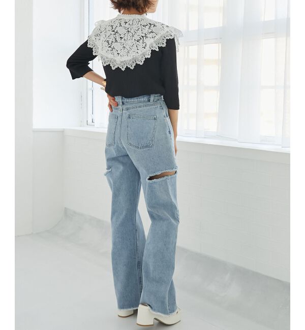 MAJESTICLEGON「レースカラーハーフスリーブニット」|ニット・セーター|