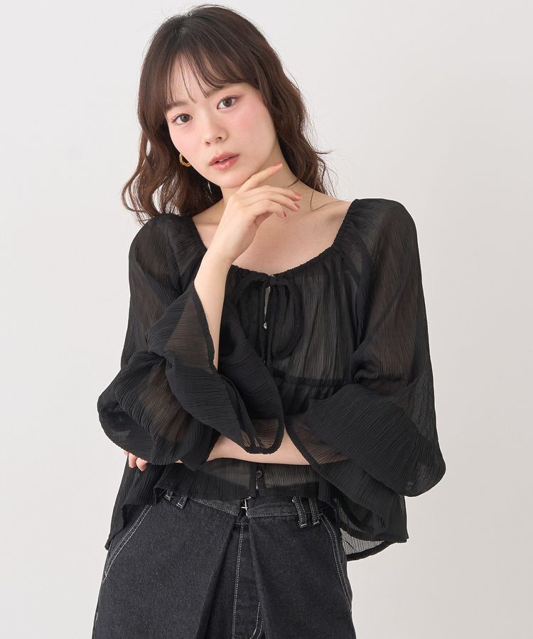 earth music&ecology「ナローリボンくしゅくしゅギャザーブラウス」|シャツ・ブラウス|Black