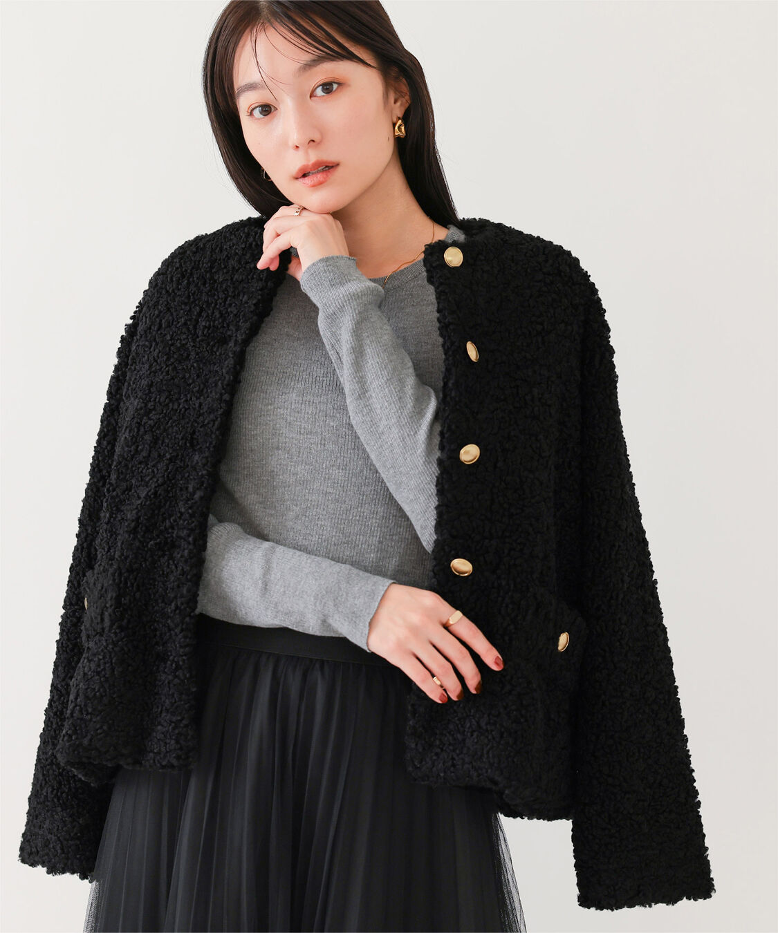 ur's「ボアノーカラーゴールド釦ジャケット」|ノーカラージャケット|ブラック