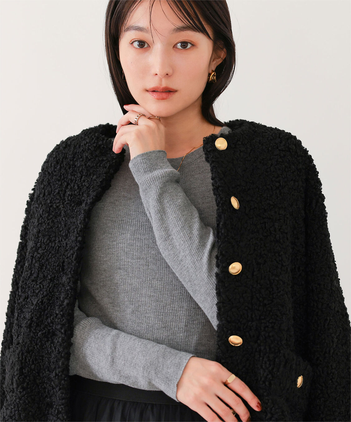 ur's「ボアノーカラーゴールド釦ジャケット」|ノーカラージャケット|