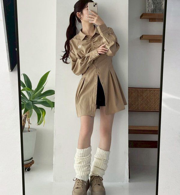  「【マイナス5キロ見え】レースアップシャツチュニック」|シャツ・ブラウス|