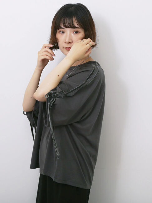 Samansa Mos2 blue「◎【接触冷感】ベロアラインリボンTシャツ」|Tシャツ・カットソー|