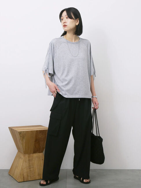 Samansa Mos2 blue「◎【接触冷感】ベロアラインリボンTシャツ」|Tシャツ・カットソー|