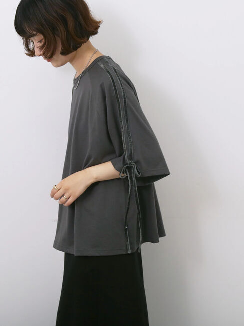 Samansa Mos2 blue「◎【接触冷感】ベロアラインリボンTシャツ」|Tシャツ・カットソー|