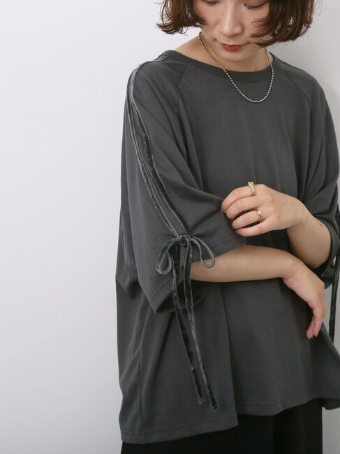 Samansa Mos2 blue「◎【接触冷感】ベロアラインリボンTシャツ」|Tシャツ・カットソー|