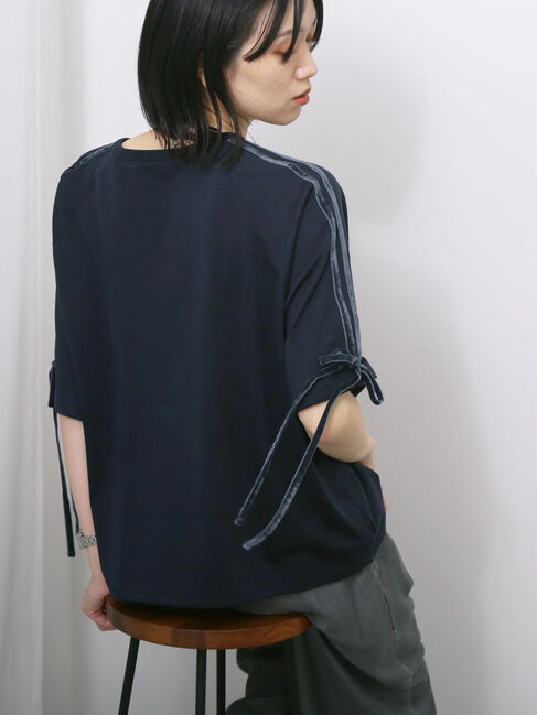 Samansa Mos2 blue「◎【接触冷感】ベロアラインリボンTシャツ」|Tシャツ・カットソー|