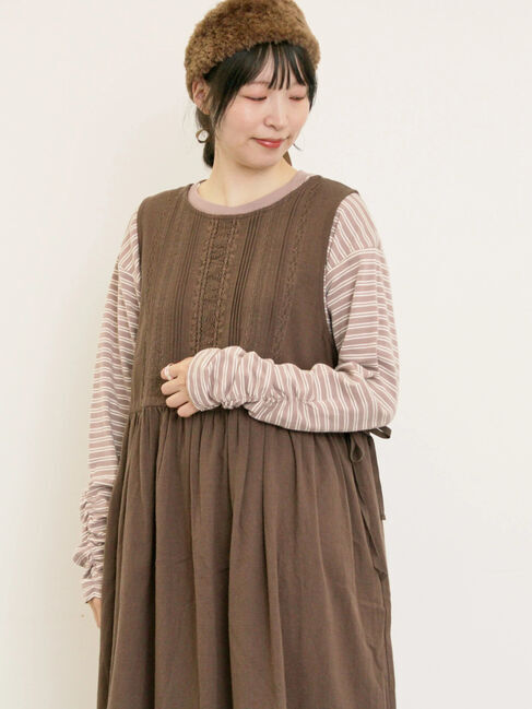 Samansa Mos2「リップル柄アソート袖シャーリングカットソー」|Tシャツ・カットソー|ベージュ