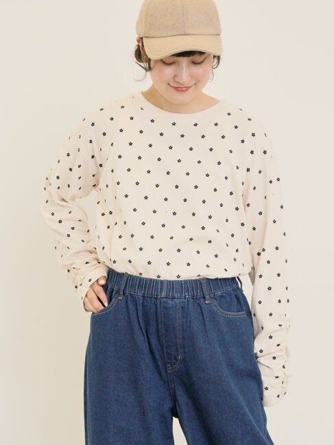 Samansa Mos2「リップル柄アソート袖シャーリングカットソー」|Tシャツ・カットソー|